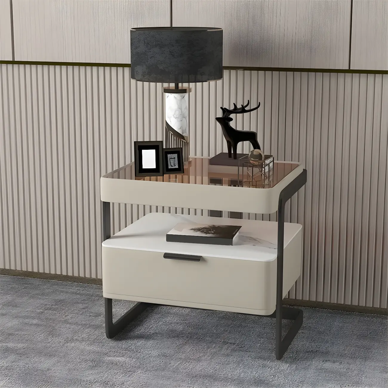 Modern Wood Nightstand with Glass Countertop and Drawer