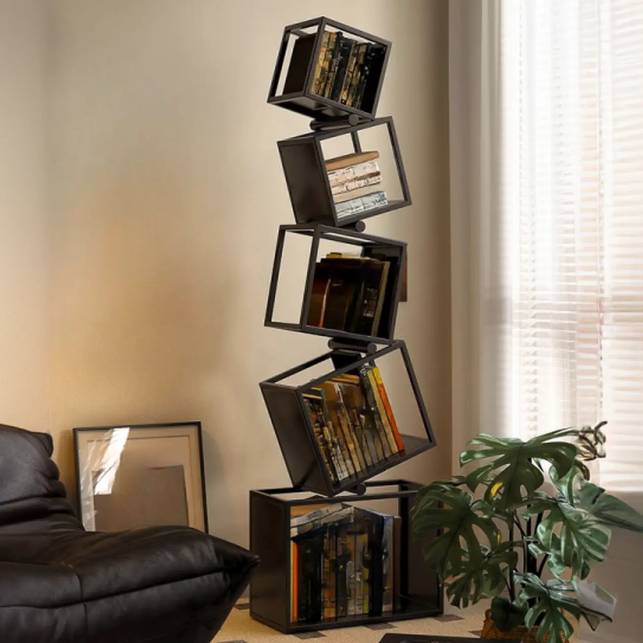 73H Black Metal Geometric Open Cube Bookcase