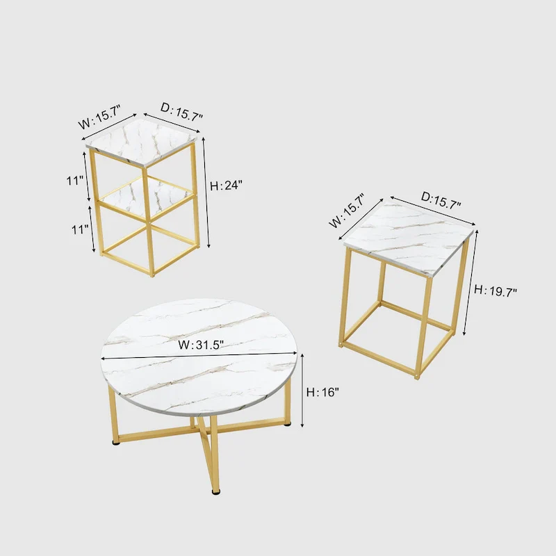 Myhozm 3-piece Round Coffee and Side Table Set with Open Shelves