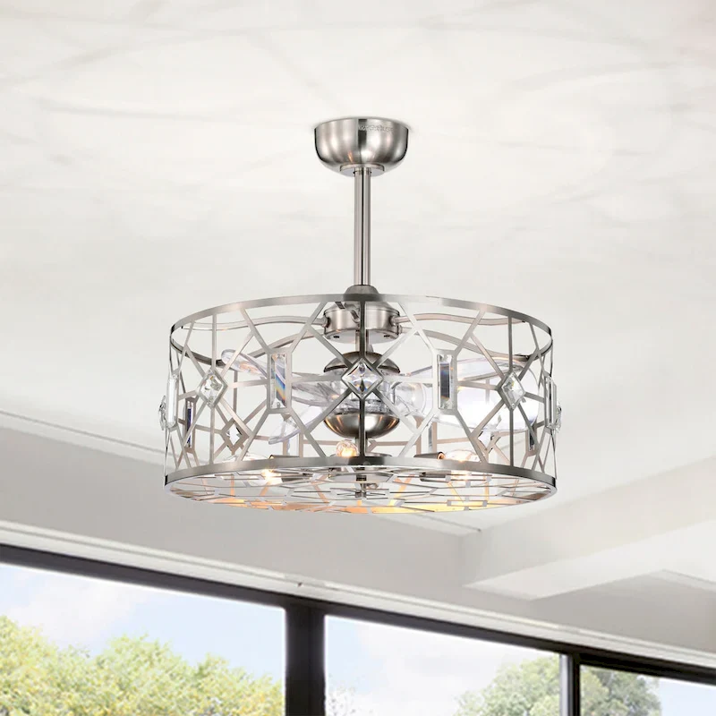 Gio 24 Ince Satin Nickel Finish Glam-Modern Style Crystal Lighted Ceiling Fandelier with Remote