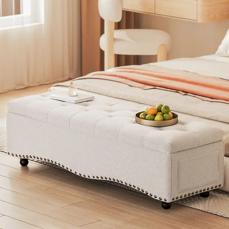 48.5 Tufted Storage Ottoman Bench with Nailhead Trims & 2 Large Side Pockets for Bedroom, Living Room, Entryway