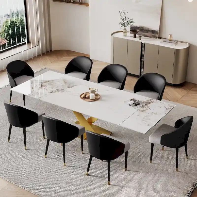 9 - Piece 94.48 Rectangular Extendable Sintered Stone Dining Table with 8 Faux leather Chairs Dining Set