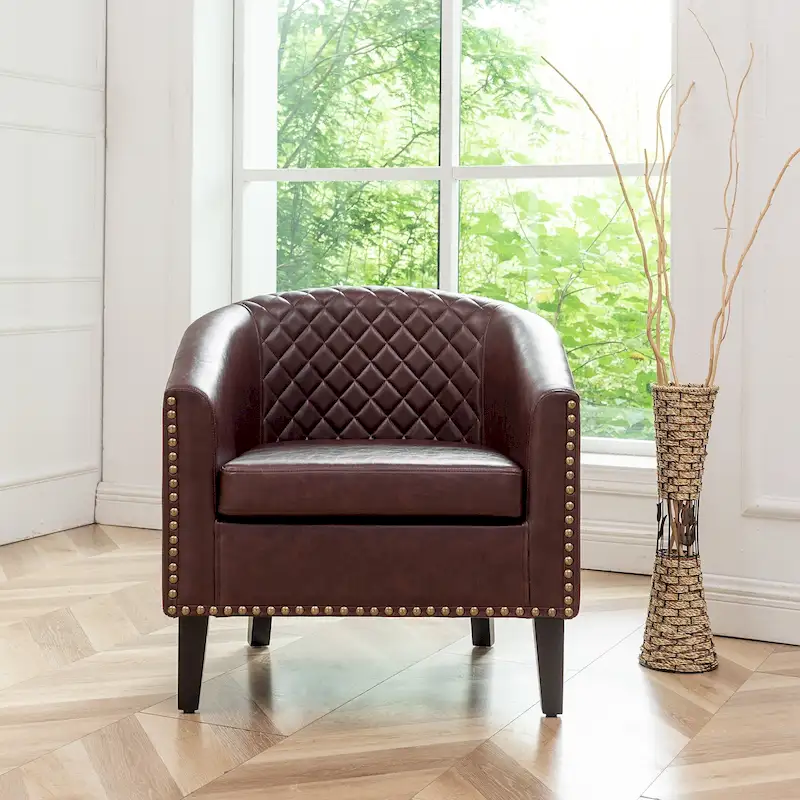KINWELL PU Leather Tufted Barrel Chair Club Armchair with Nailheads