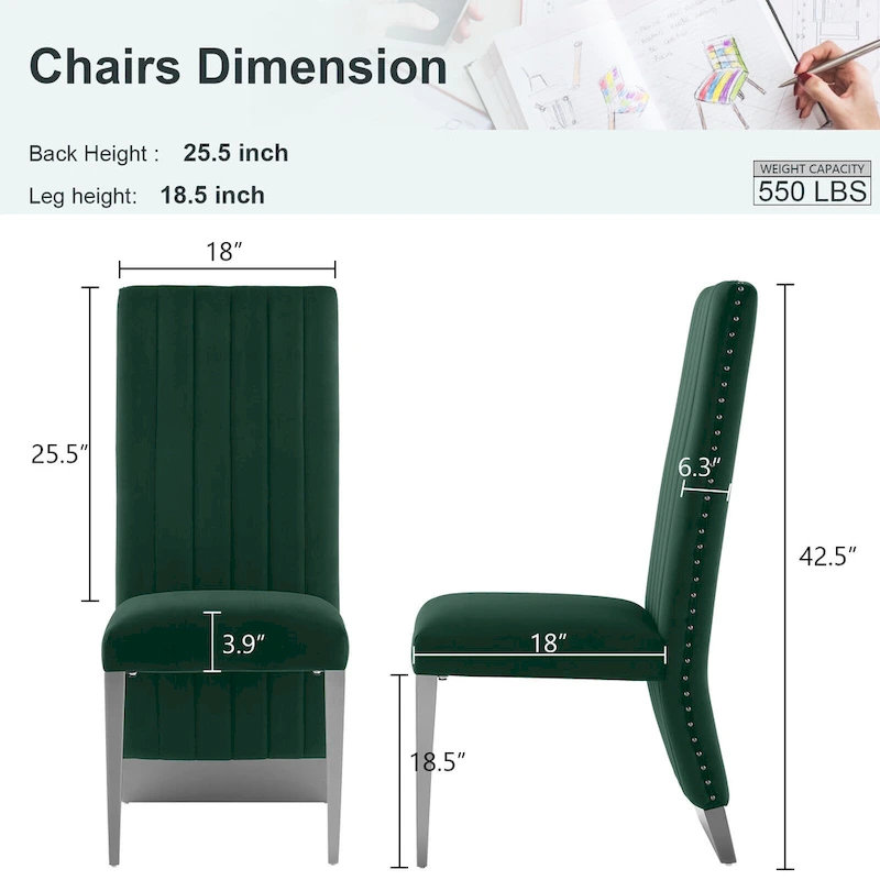 Modern Channel High Back Dining Chairs with Nailhead Trims and Polished Metal Legs