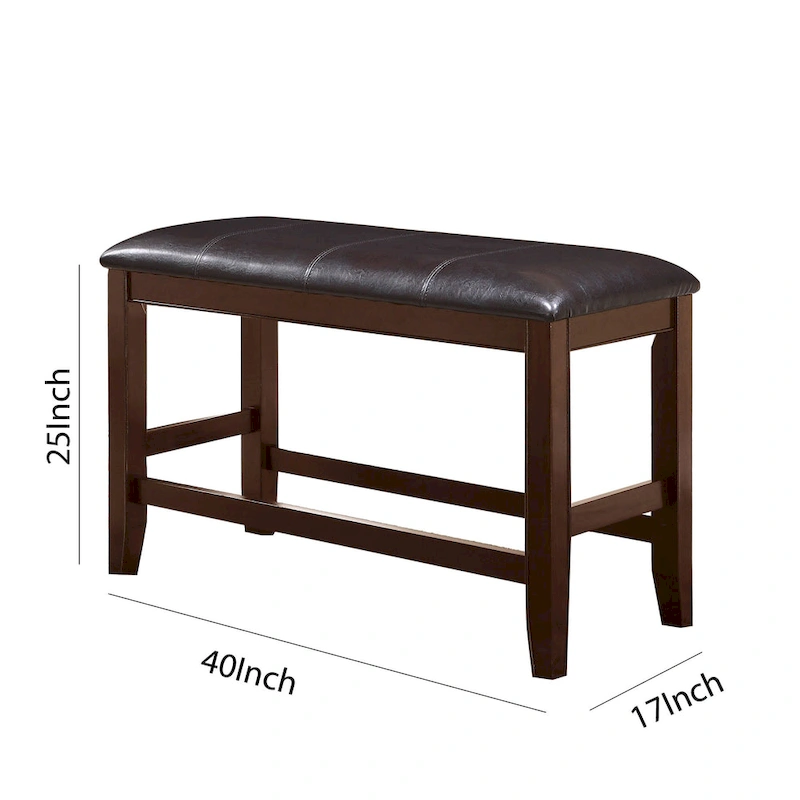 Wooden Counter Height Bench with Leatherette Seat, Brown and Black