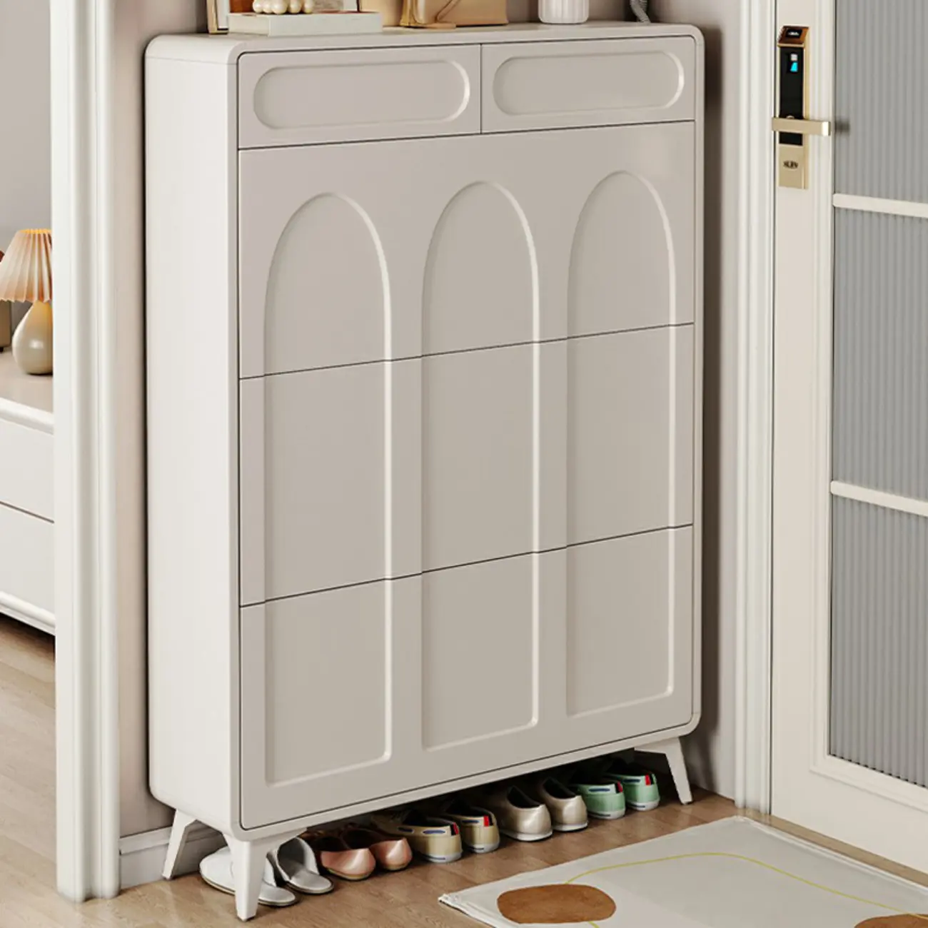 Vertical Slim White Wooden Drop Front Shoe Cabinet