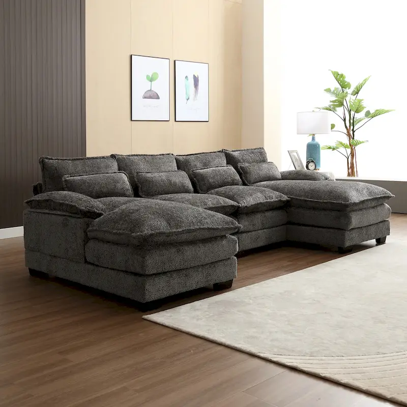 Chenille Upholstered U-Shaped Living Room Sectional Sofa With Wooden Legs