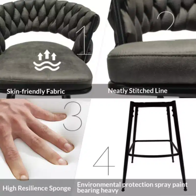 Back and Footrest Included, 2 Linen Woven Swivel Bar Stools Set, Non-Adjustable Kitchen Chairs