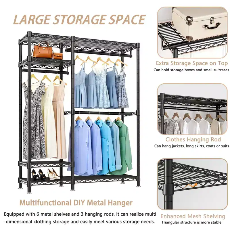 GDFStudio Batavia 76 Heavy Duty Metal Garment Rack with 6 Shelves and 3 Hanging Rods