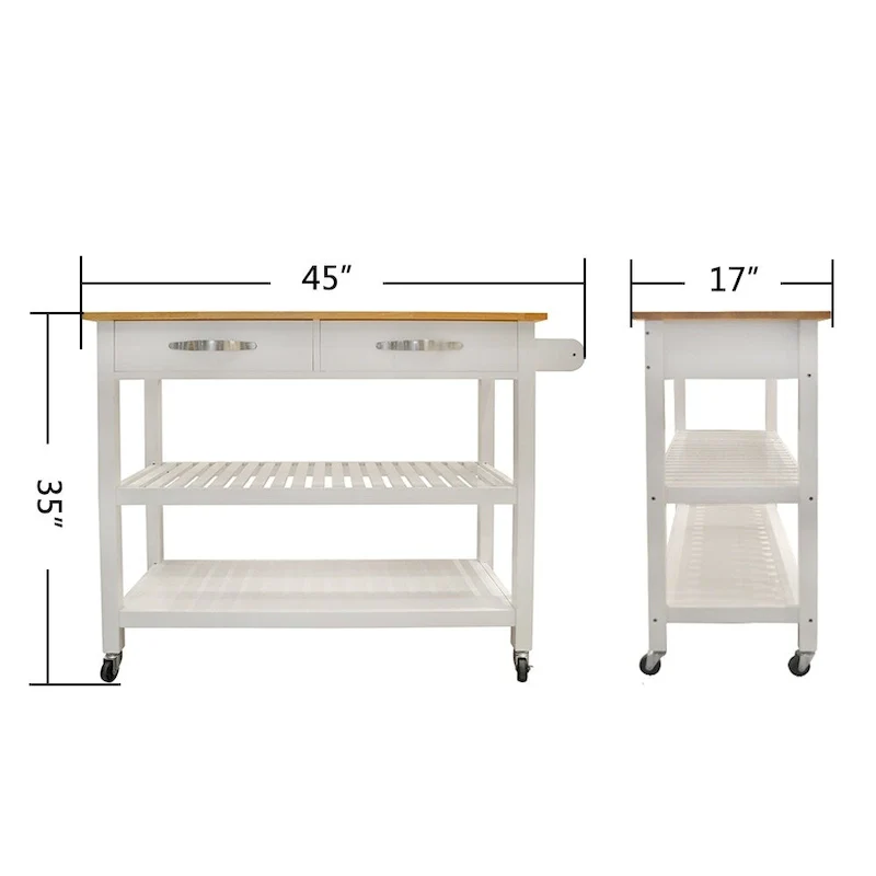 Simple Design Kitchen Island&Cart ,Double Display Shelves and 2 Drawer with Wood Top