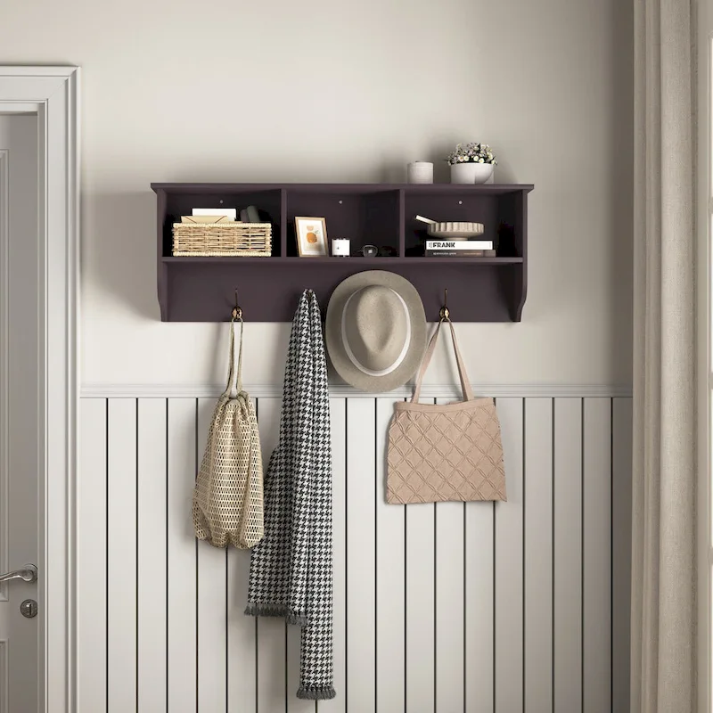 Wall Mounted Coat Rack with 4 Dual Hooks and Wooden Shelf