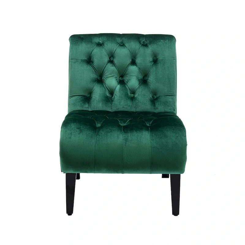 Velvet Armless Accent Chair with Wooden Legs and Thick Cushioned Seat
