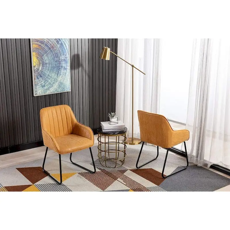 Synthetic Leather Dining Chairs Set of 2, Yellow Tan