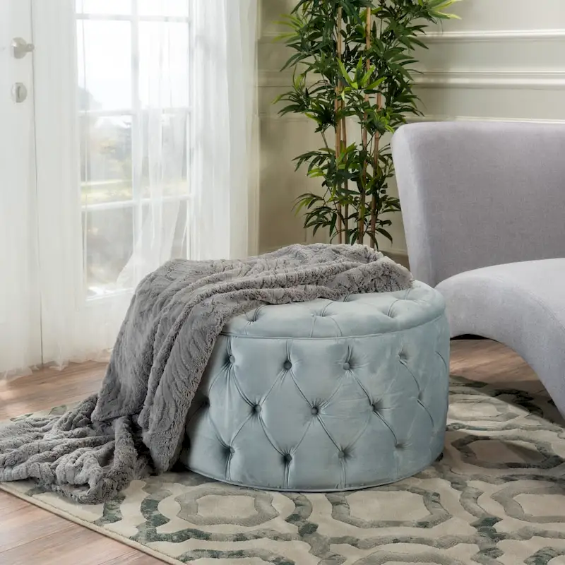 Zelfa Modern Glam Tufted Velvet Round Ottoman by Christopher Knight Home
