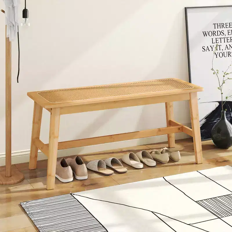 Costway 39.5 Bamboo Dining Bench with Handwoven Rattan Seat, Wooden Entryway Bench