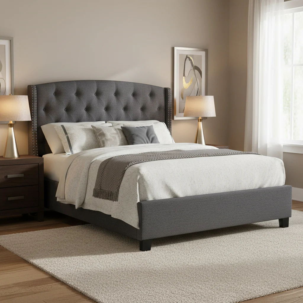 King Bed with Button-Tufted Wingback Headboard – Gray / Black, Low Profile