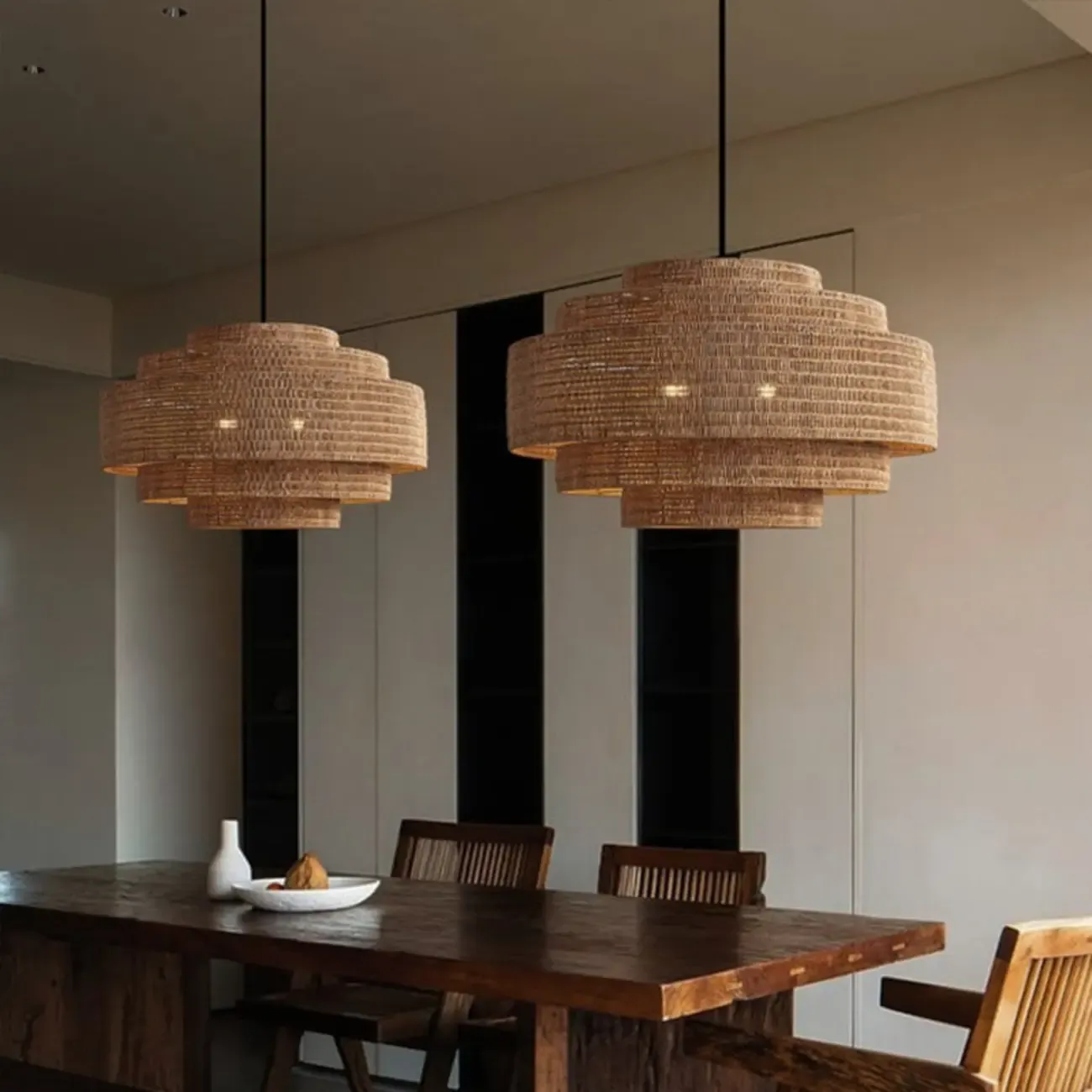 Wabi-Sabi Style Brown Tiered Rattan Pendant Light for Dining Room