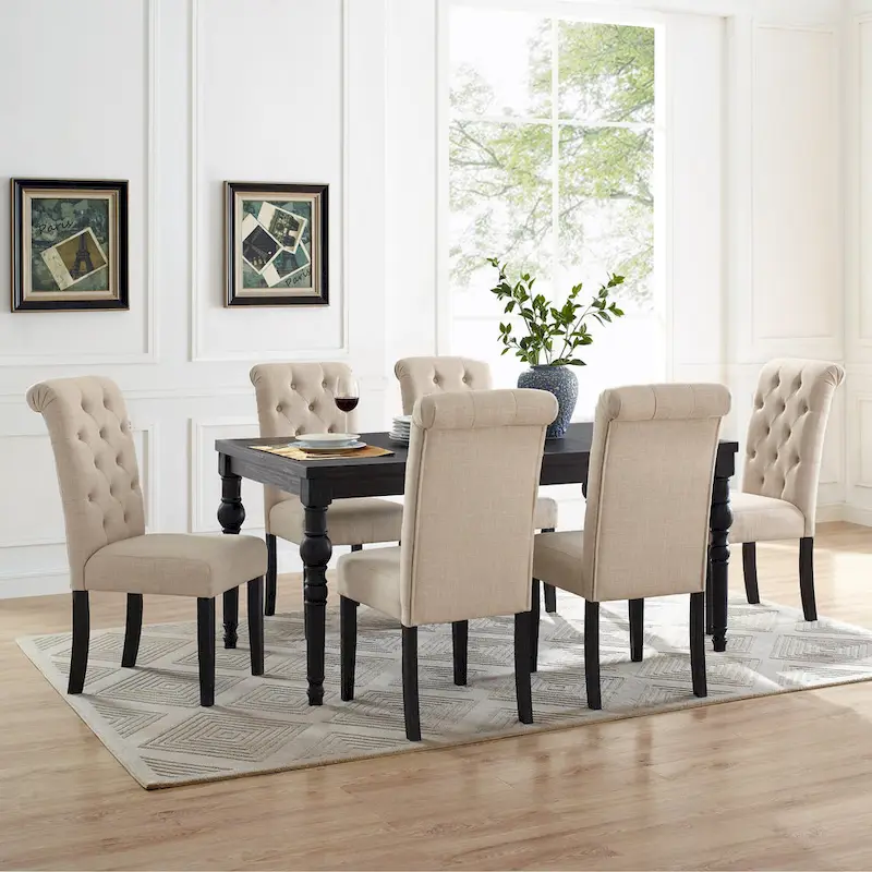 Indoor Dining Table and Chair Sets Rustic Farmhouse Dining Table and Chair Sets with Turned Legs and Button Tufted Backrest