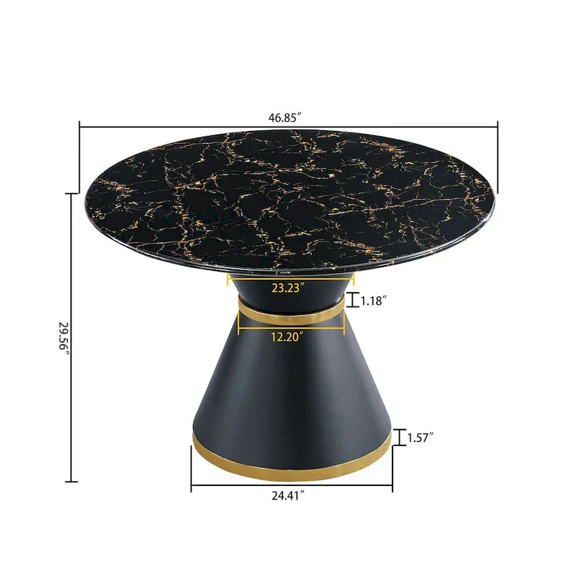 Black Marble Printed MDF Round Dining Table, Black Columnar Base with Gold Annulus(Not Including Chairs)