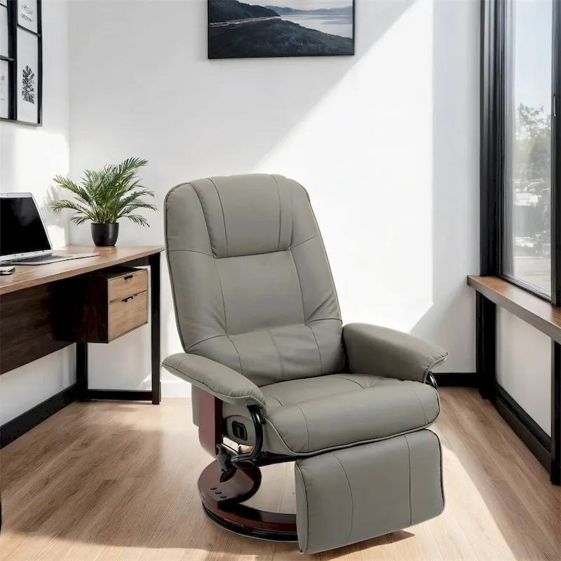 Swivel Leather Manual Recliner with Armrest and Extendable Footrest