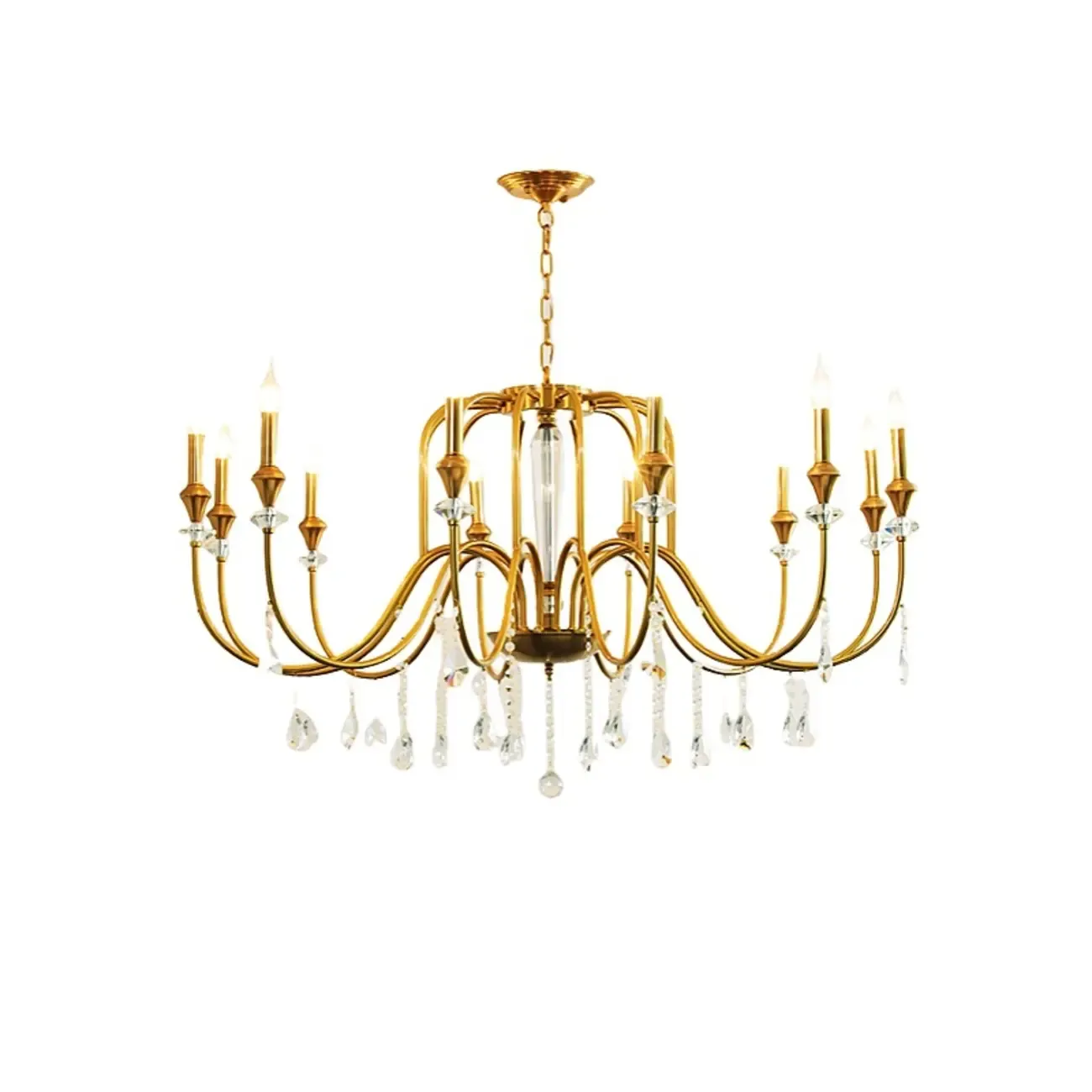 Mid-Century Modern Metallic Alloy Candle Chandelier with Crystal