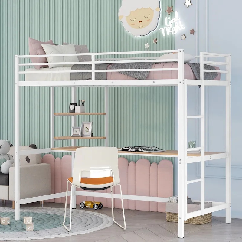 White Twin Size Metal Loft Bed with Desk, Ladder & Shelf