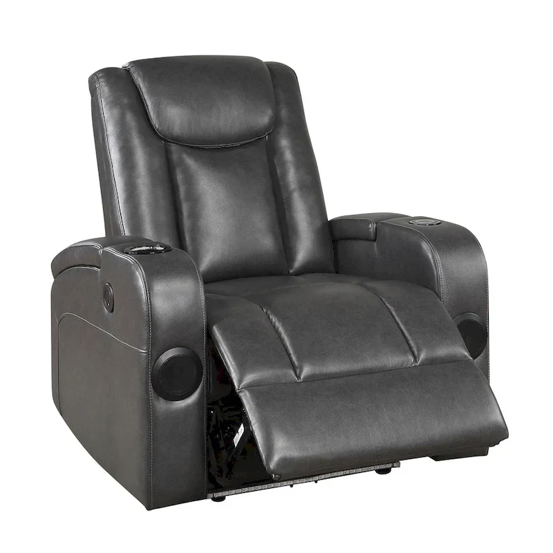 Emily 38 Inch Power Recliner Chair, Cooling Cupholder, LED, Gray PU Leather