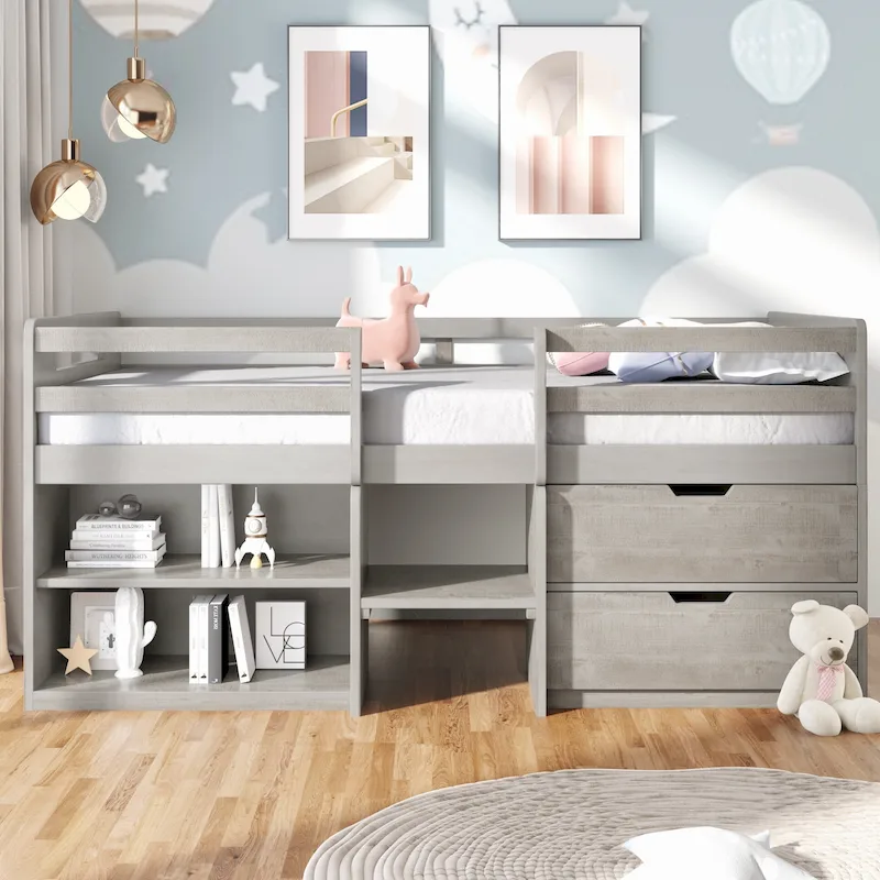 Twin Loft Bed with Shelves and drawers