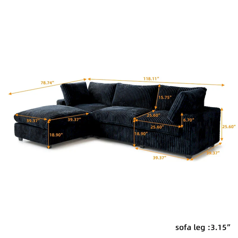 L-shaped Polyester Fabric Couch Modern Sectional Sofa with Ottoman