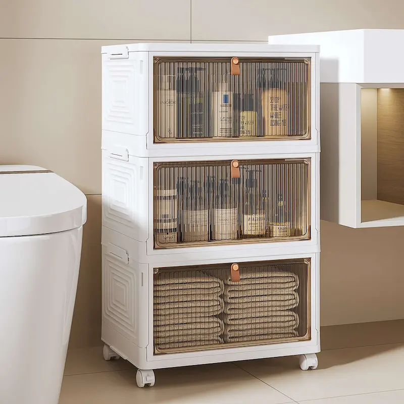 Javlergo 3 Tier Bathroom Storage Cabinet Storage Bins with Lid Stackable Storage Boxes Foldable Storage Organizers