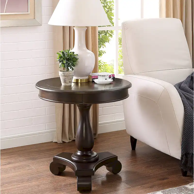 Rene Round Wood Pedestal End Table with Scrolled Legs