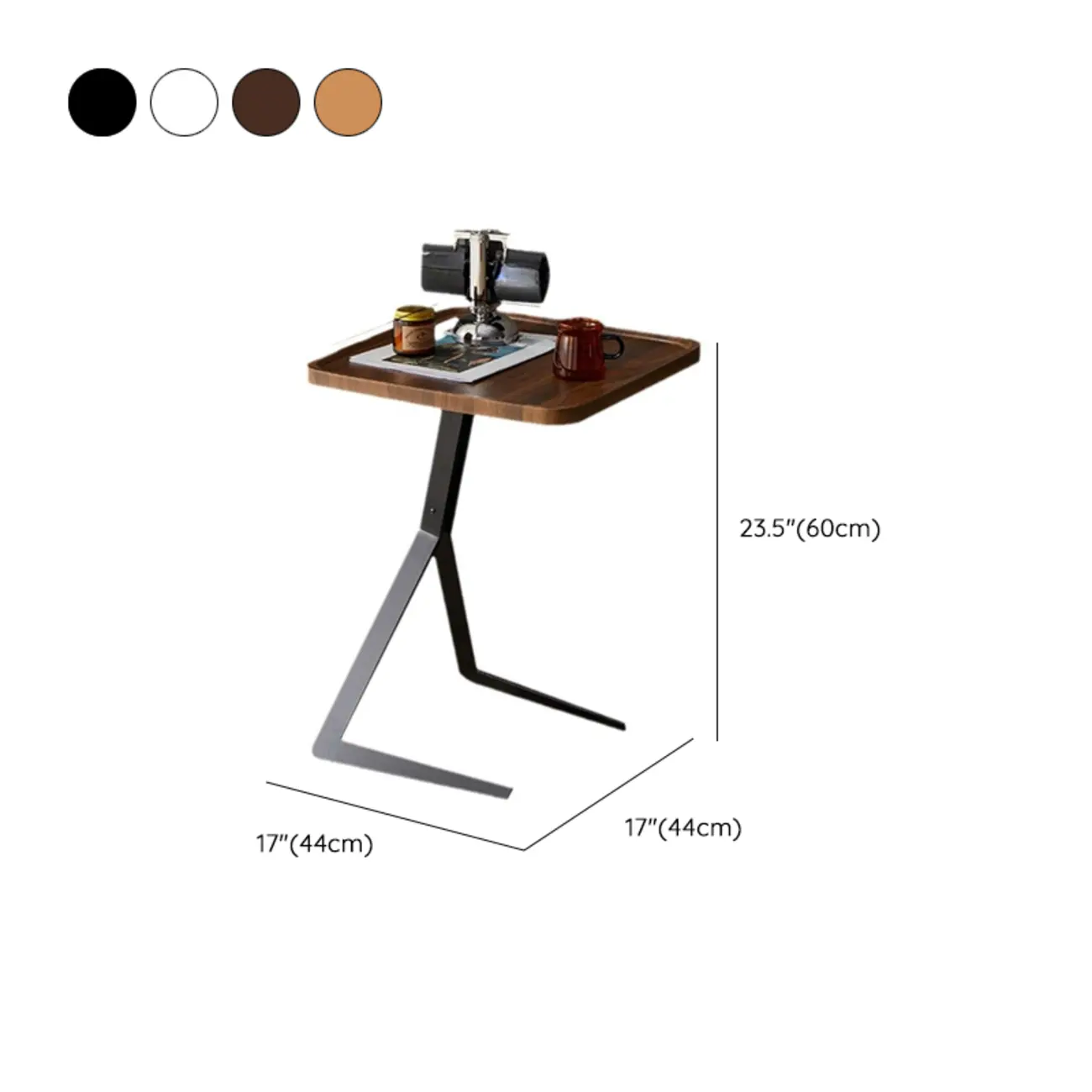 C-Shpaed Brown Wood Round Side Table with Metal Legs