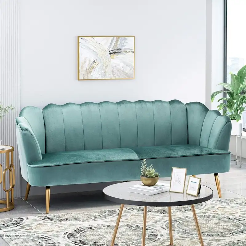 Velvet Channel Stitched 3-seater Sofa with Metal Legs