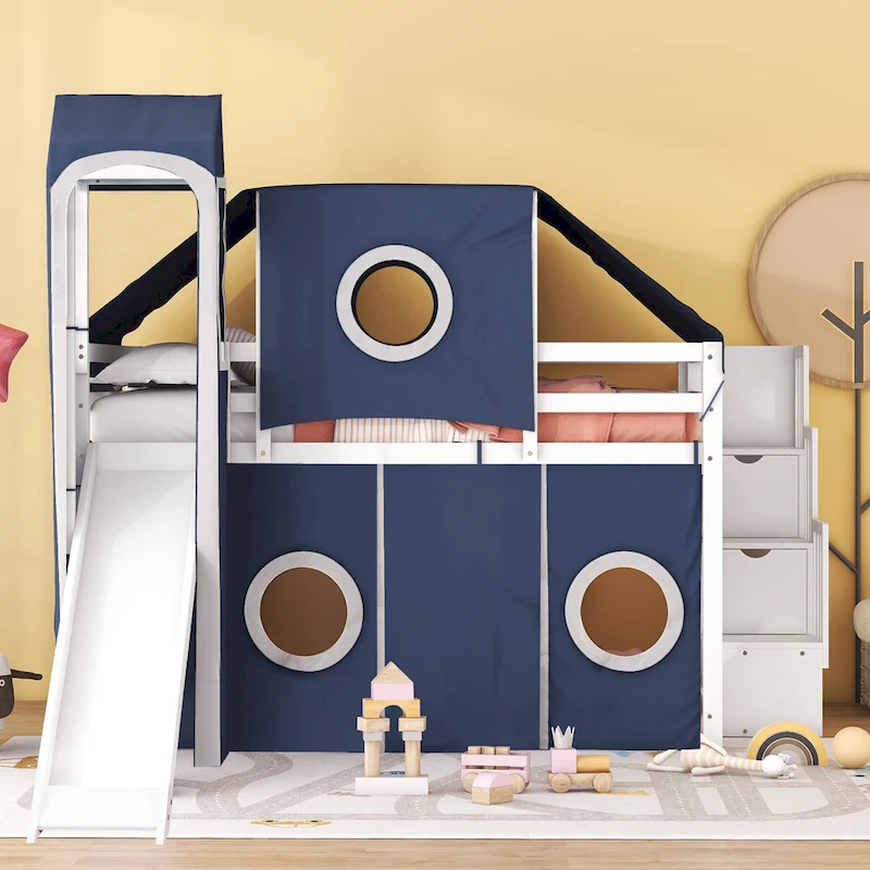 Full Loft Bed with Castle Tent & Tower and Solid Wood Frame, 400lb Capacity, Playhouse Design