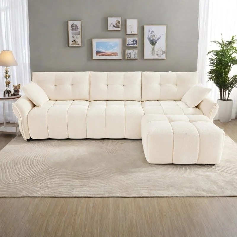 110.2 Chenille 3-Seater Sofa Set with Ottoman and Pillows, Solid Wood Frame and High-Resilience Cushions