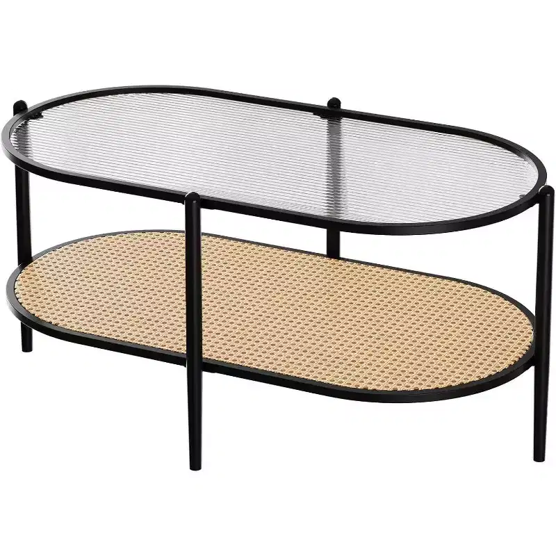 Acekool Oval Glass Coffee Table, Water-Wave Tempered Glass, Rattan Storage Shelf, Boho Farmhouse Metal Frame