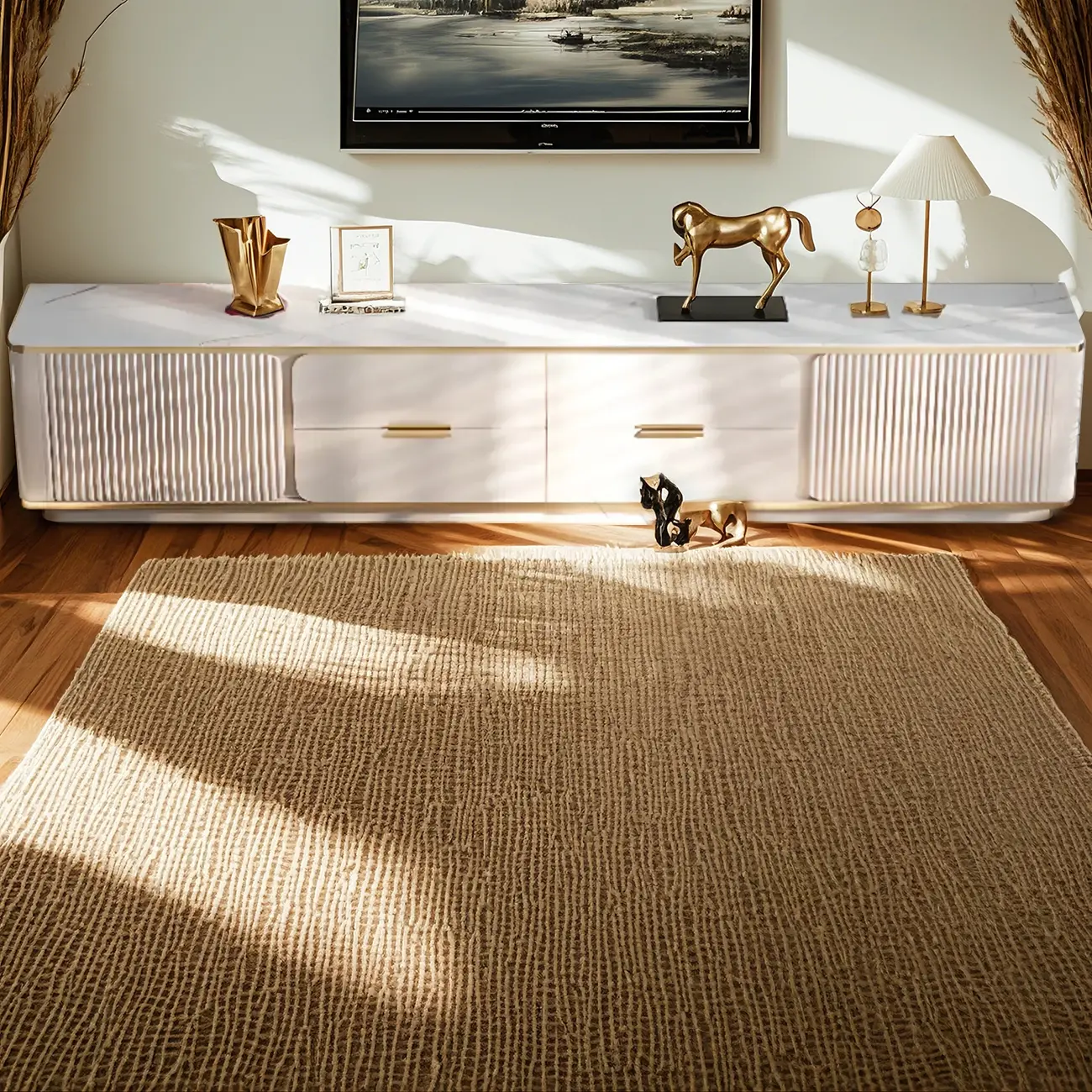 Elegant White Stone TV Cabinet with Cable Management