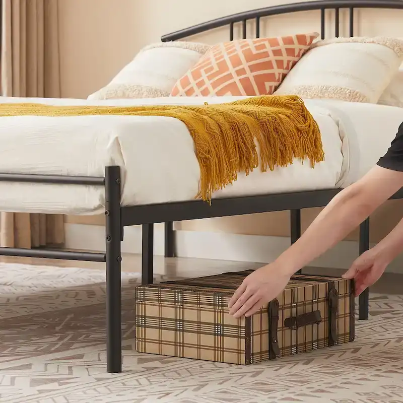 Modern Metal Bed Frames with Curved Headboard, No Box Spring Needed, Black