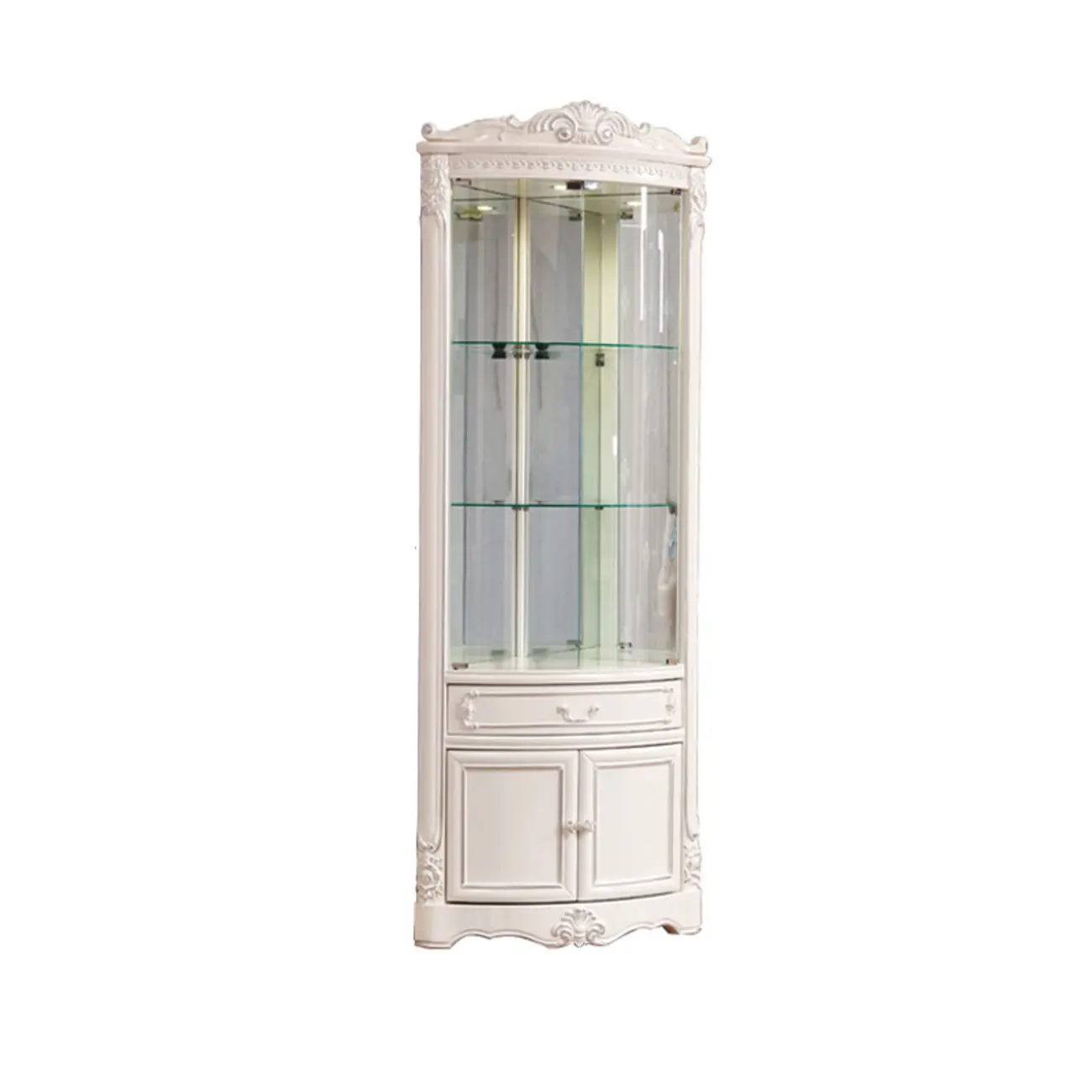 Ornate White-Gold Wooden Display Corner Cabinet Glass Front