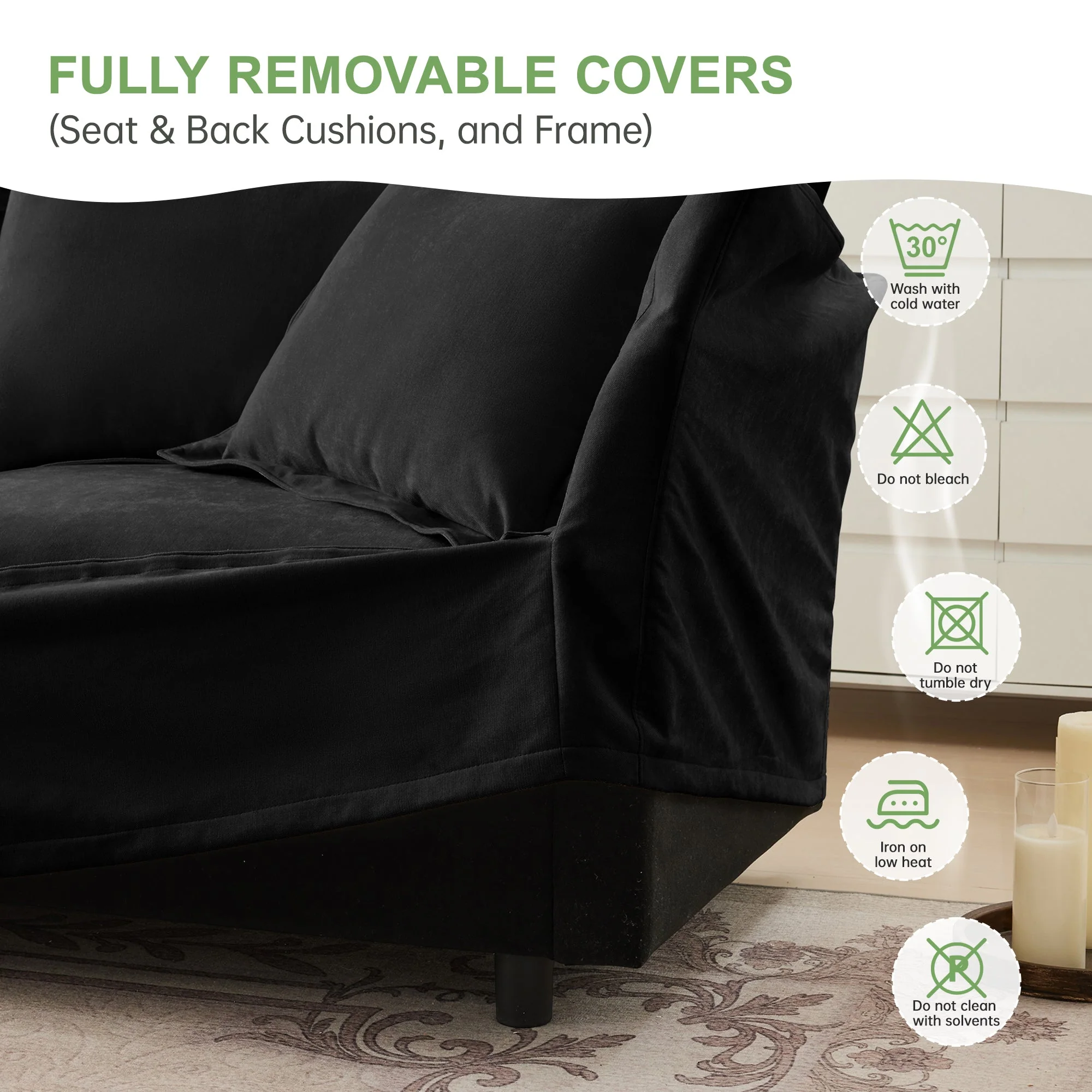 Walker Edison | Wide Deep Seat Slipcovered Black Loveseat Sofa with Ottoman