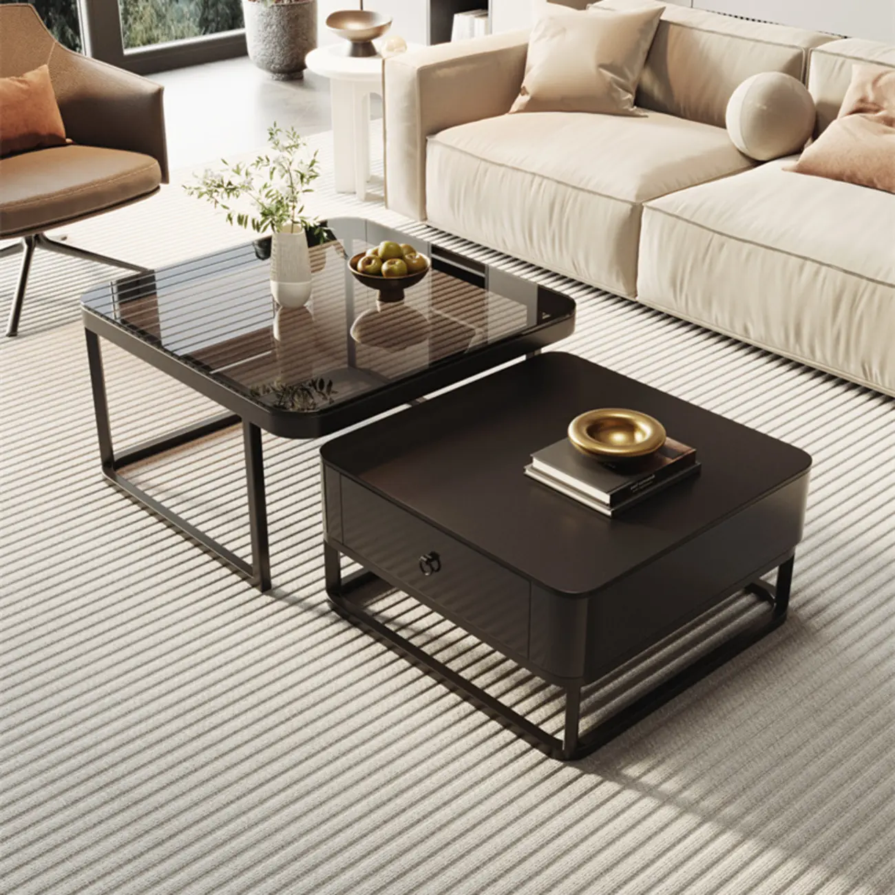 Modern Square Wood Stone Nesting Coffee Table