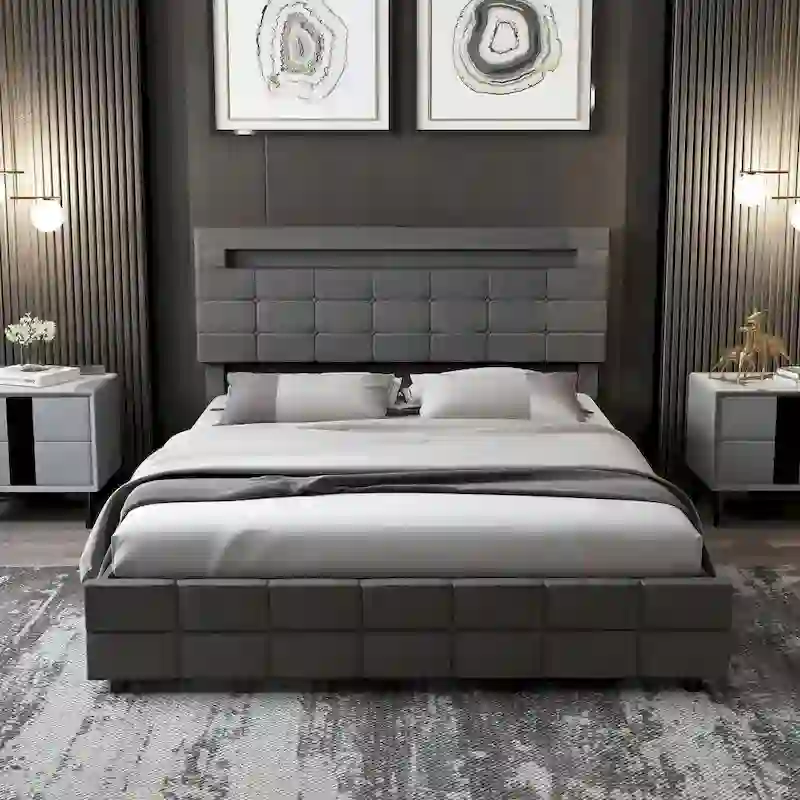 Queen Bed Frame with Storage Drawers Adjustable Headboard Lights LED