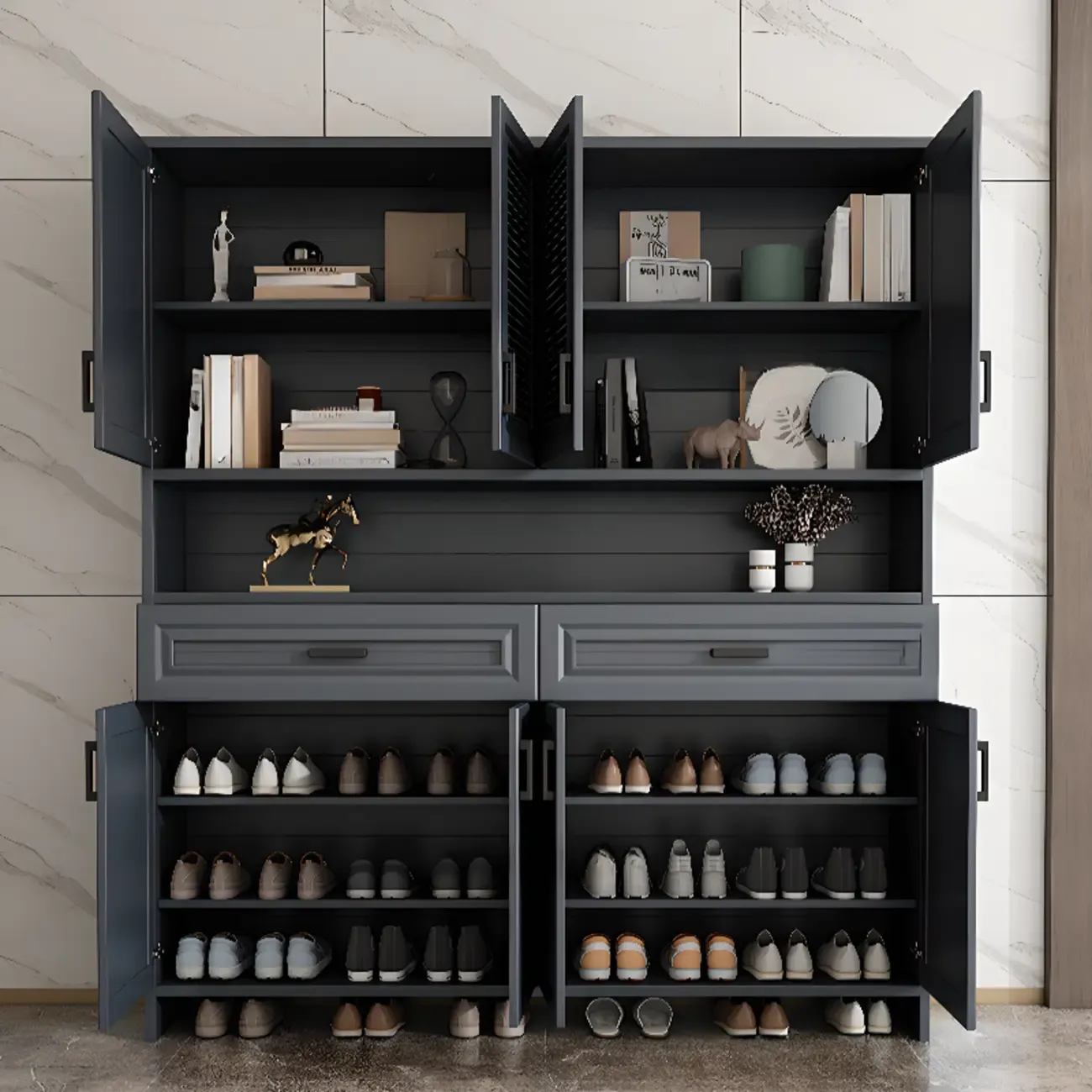 79H Entryway White Metal Shoe Cabinet with Drawers