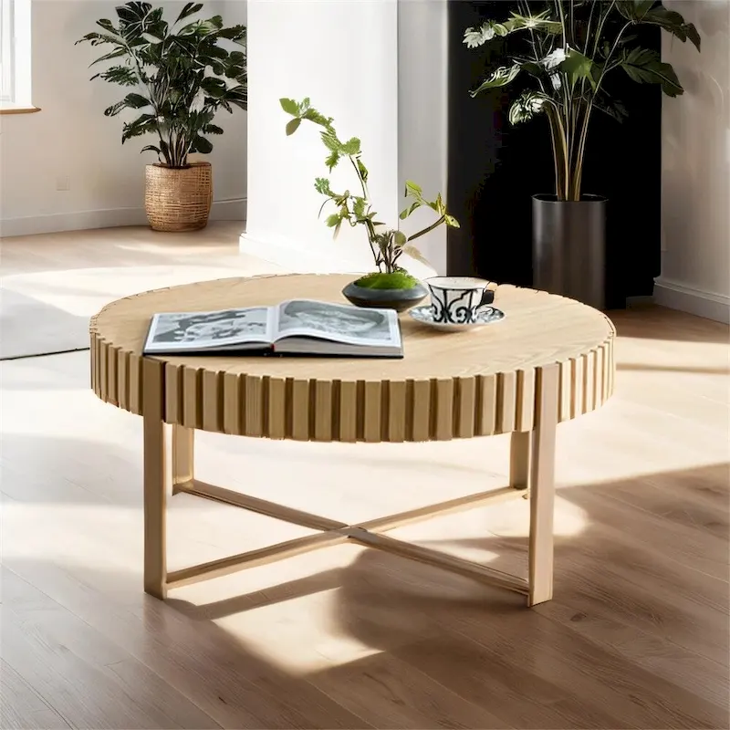 Modern 31.5 Round Coffee Table with Sturdy Metal Pedestal
