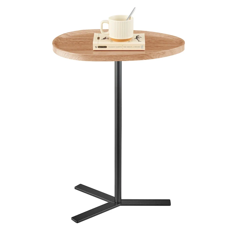 Oval Teardrop Modern Raised Lip Edge Couch-Side Accent C-Table with Crossed Y-Shape Metal Pedestal Leg