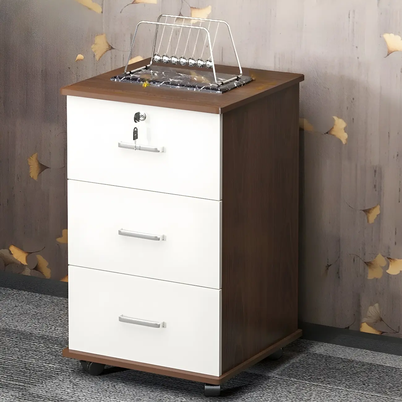 Lokable Brown-White Wood 3 Drawers Mobile Filing Cabinet