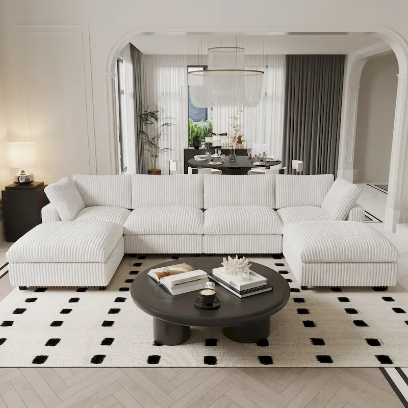 Beige 6-Seat U-Shape Modular Sectional Sofa with Cushions