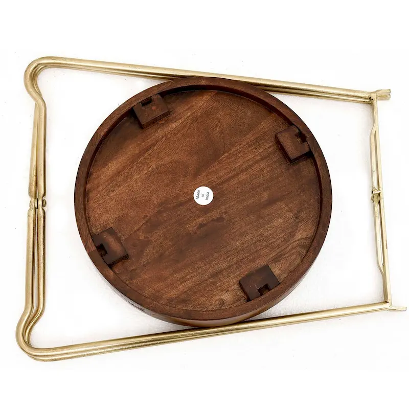 Gold Iron And Natural Wood Round Accent Table by