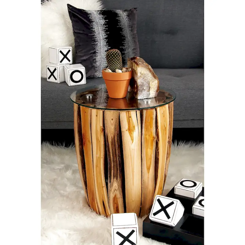 Teak Wood Handmade Accent Table with Clear Glass Top - Brown - Roche River Decor - 16Wx16Lx18H