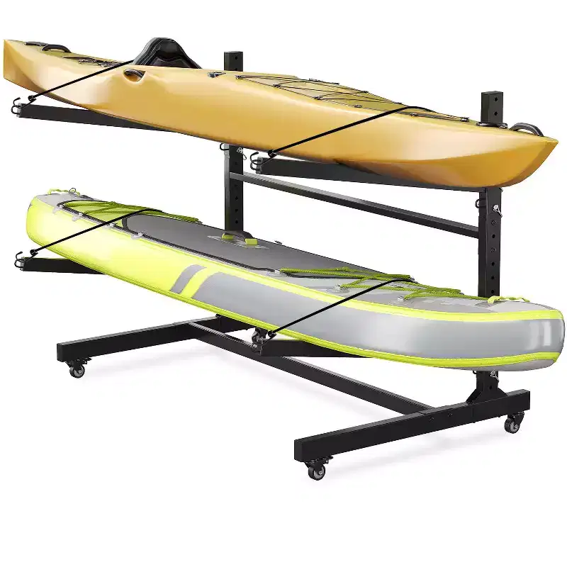Heavy-Duty Kayak Storage Rack for 2 Kayaks, 2-Layer Freestanding Rack with Wheels & Hanging Straps